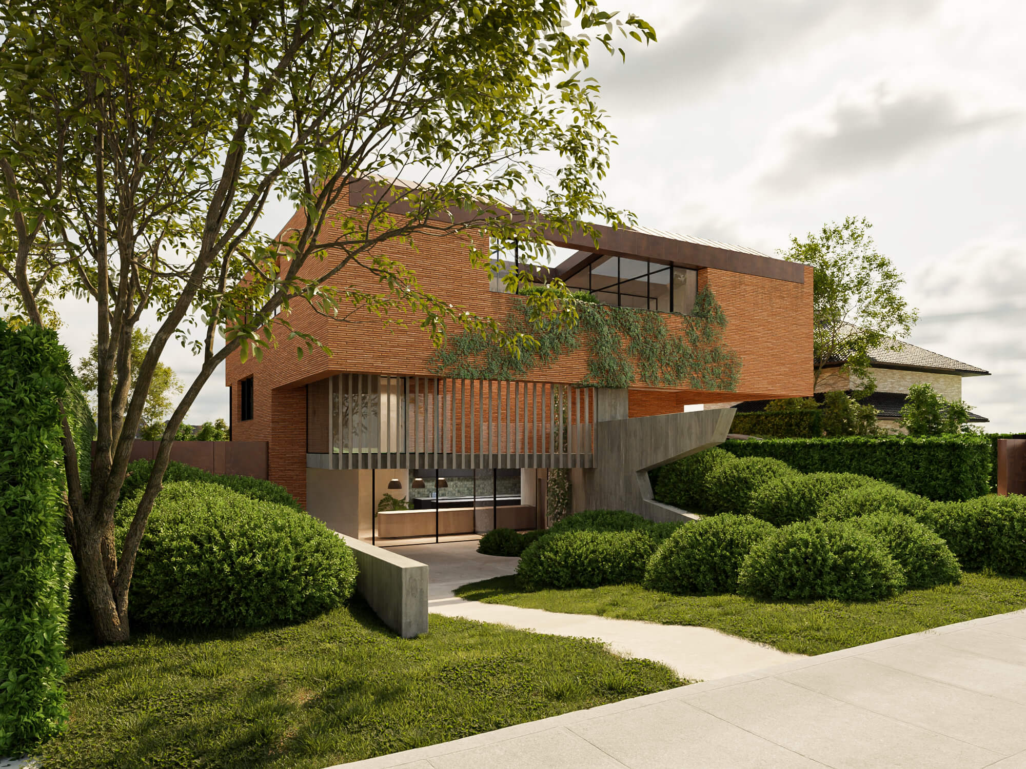 Front view of a contemporary architectural project by architects Claerhout- Van Biervliet using red brick, patinated red copper and wood cast concrete.